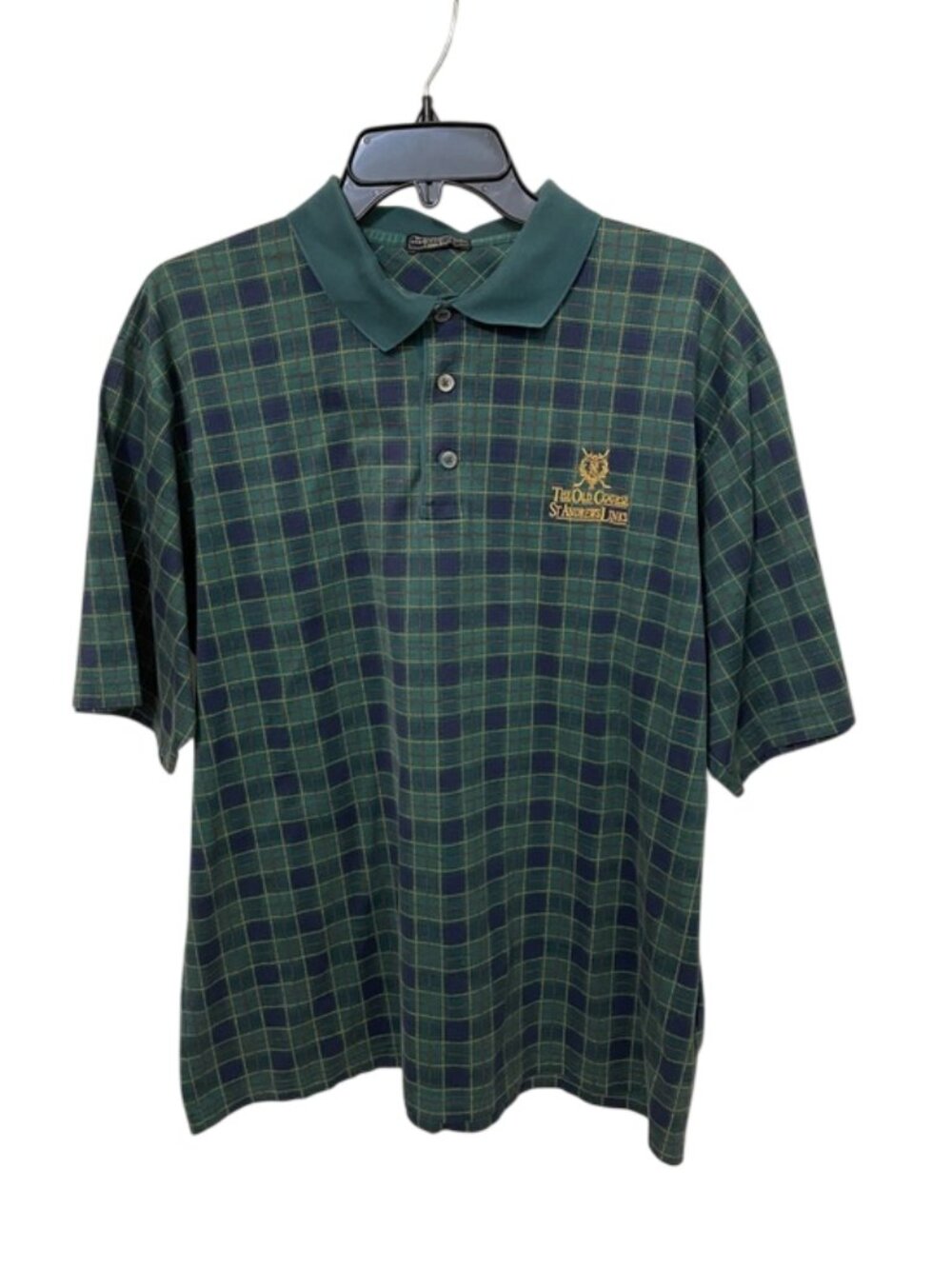 St Andrews Links Old Course Polo Shirt Mens XL Green Plaid Tartan Filo di Scozia